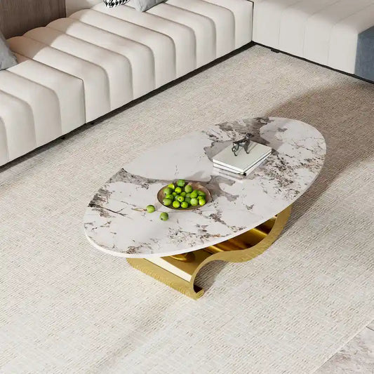 51 Oval Coffee Table with Glossy Sintered Stone Table top, Modern Coffee Table with Gold Stainless Steel