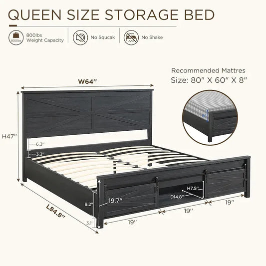 Farmhouse Queen Size Wood Bed Frame , with Cabinets and Headboard