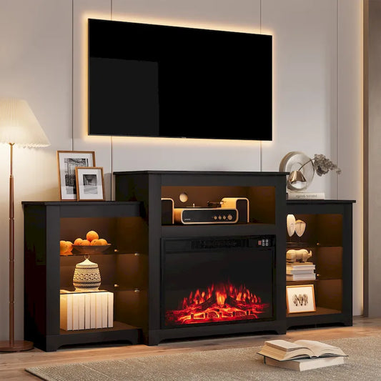 32 H TV Stand with Fireplace for TVs up to 80 - Remote Control, Energy-Efficient Heater, 16-Color Light Strip