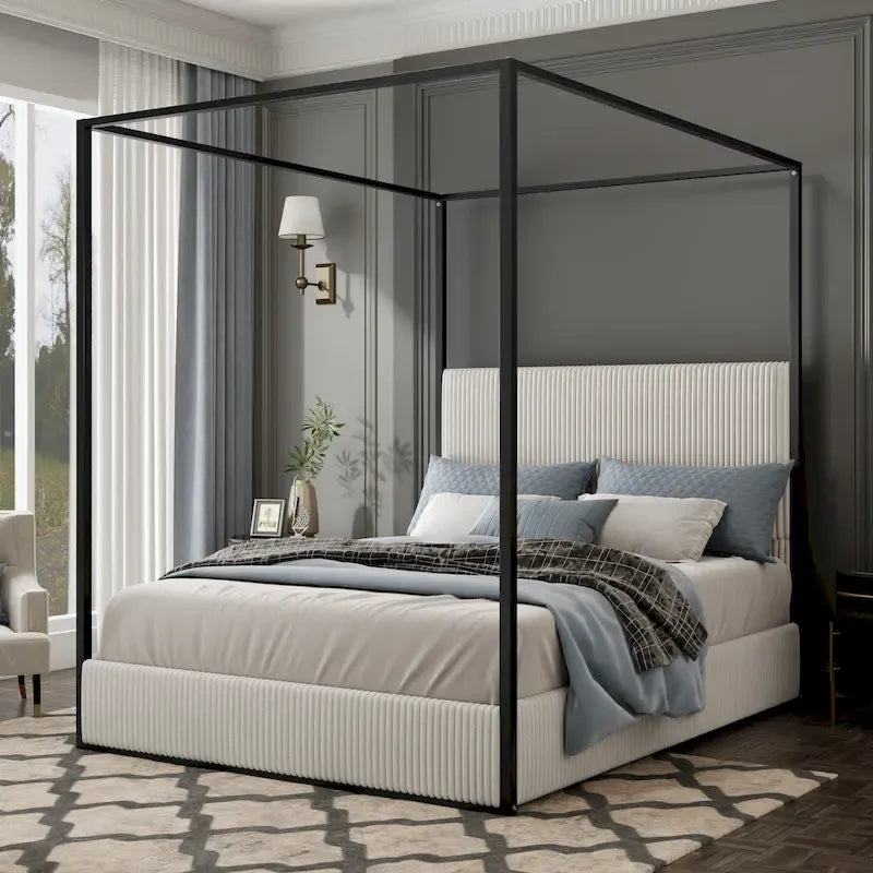 Metal Canopy Frame Platform Bed with Vertical Stripe Upholstered Headboard Wingback Bed, Four Poster Bed, Low Profile Panel Bed