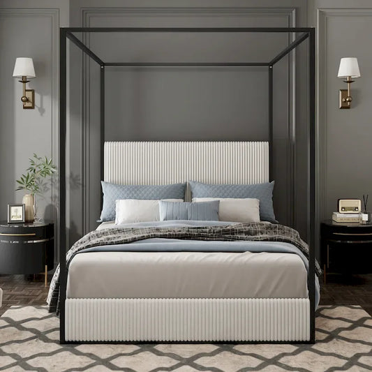 Metal Canopy Frame Platform Bed with Vertical Stripe Upholstered Headboard Wingback Bed, Four Poster Bed, Low Profile Panel Bed