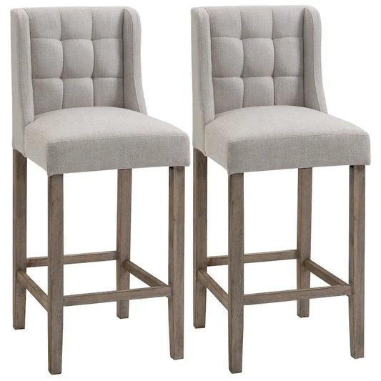 HOMCOM Modern Bar Height Bar Stools Set of 2 Tufted Upholstered Pub Chairs with Back Rubber Wood Legs for Kitchen,Dining Room