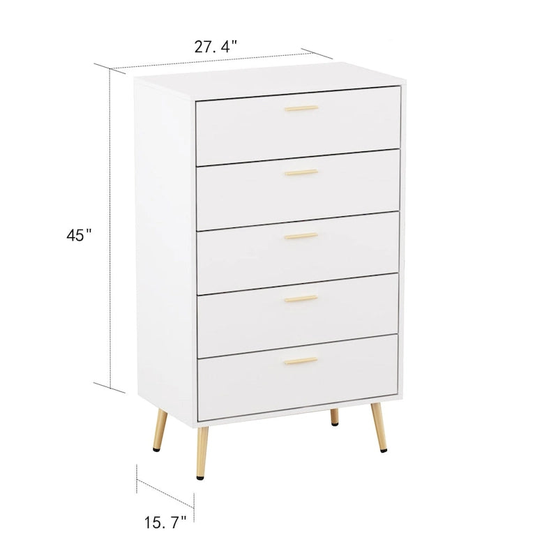 5 Drawer 27.4 W Chest Dresser In White&Gold