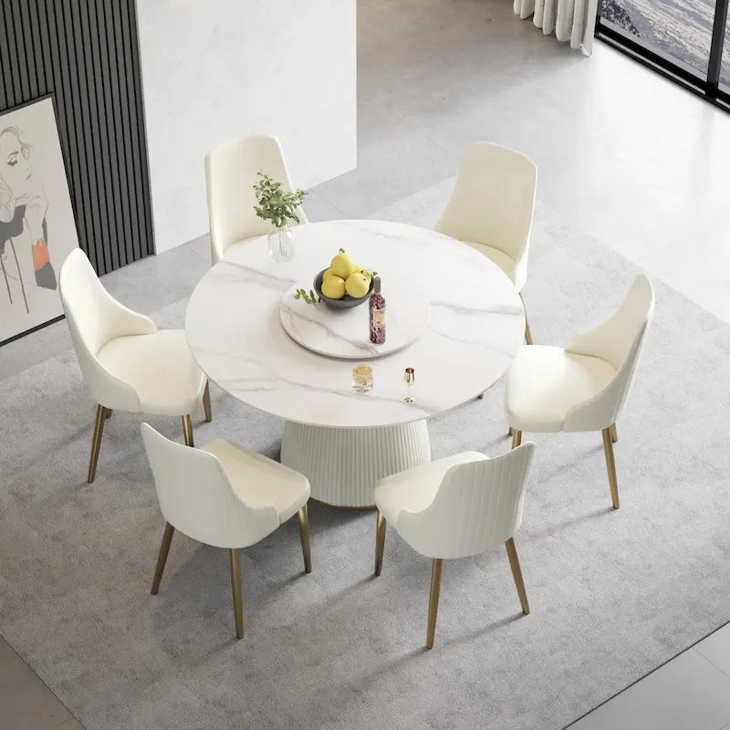 53 Round Dining Table for 6, Modern White Sintered Stone Tabletop with Lazy Susan - N/A