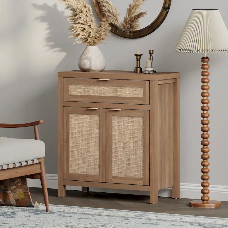 SICOTAS Farmhouse Rattan Sideboard Storage Cabinet with Drawer - N/A