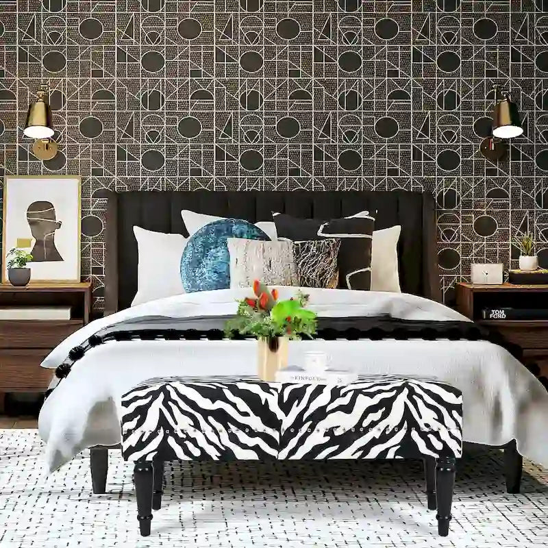 Adeco Cow Print Fabric Rectangular Bench Ottoman