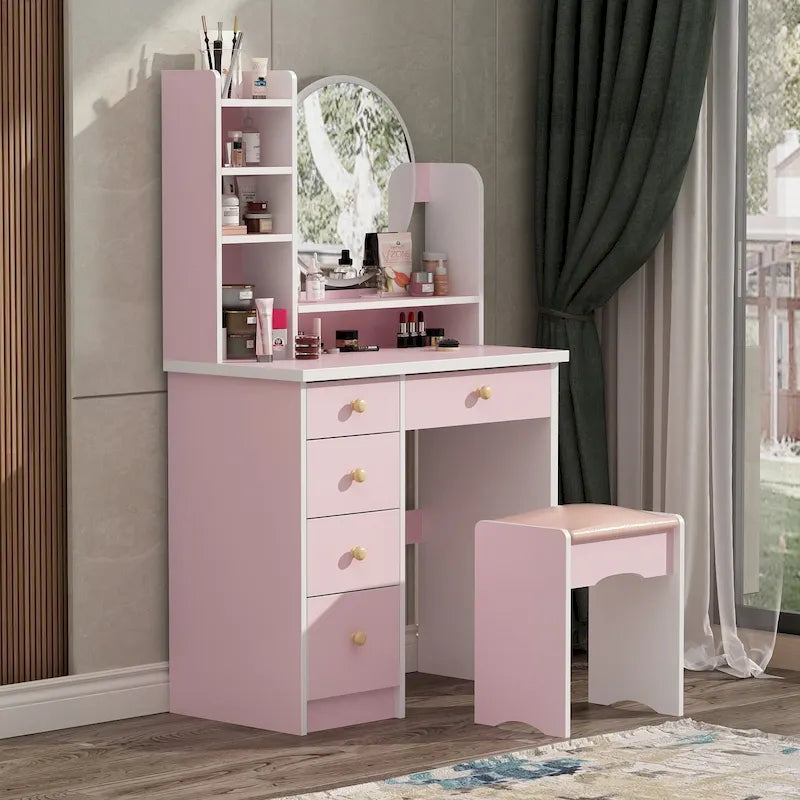 Makeup Vanity Set Dresser w/Mirror Stool 5 Drawers - White/Pink/Black - 31.5L x 15.7W x 52H