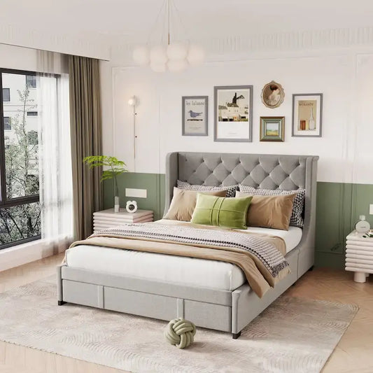 Queen Size Upholstered Platform Bed with Wingback Headboard and a Big Drawer