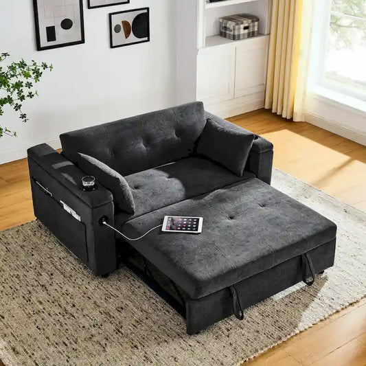 54 Pull-Out Sleeper Sofa Bed Double Seat Recliner Sofa Bed with Armrests with Storage and Side Pockets, Adjustable Backrest and