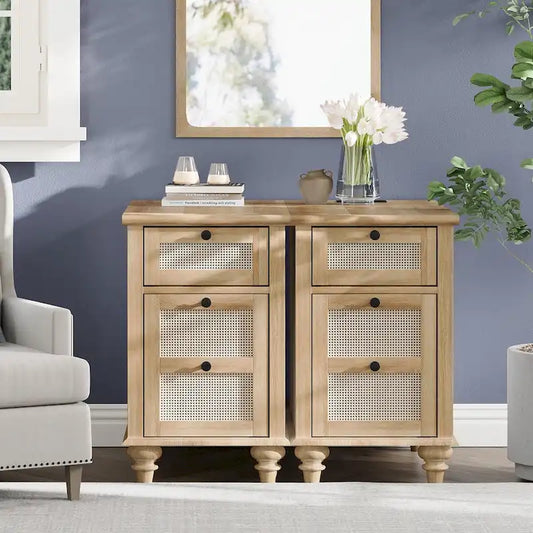 WAMPAT Farmhouse End Table with Charging Station, Wood Sofa Side Table