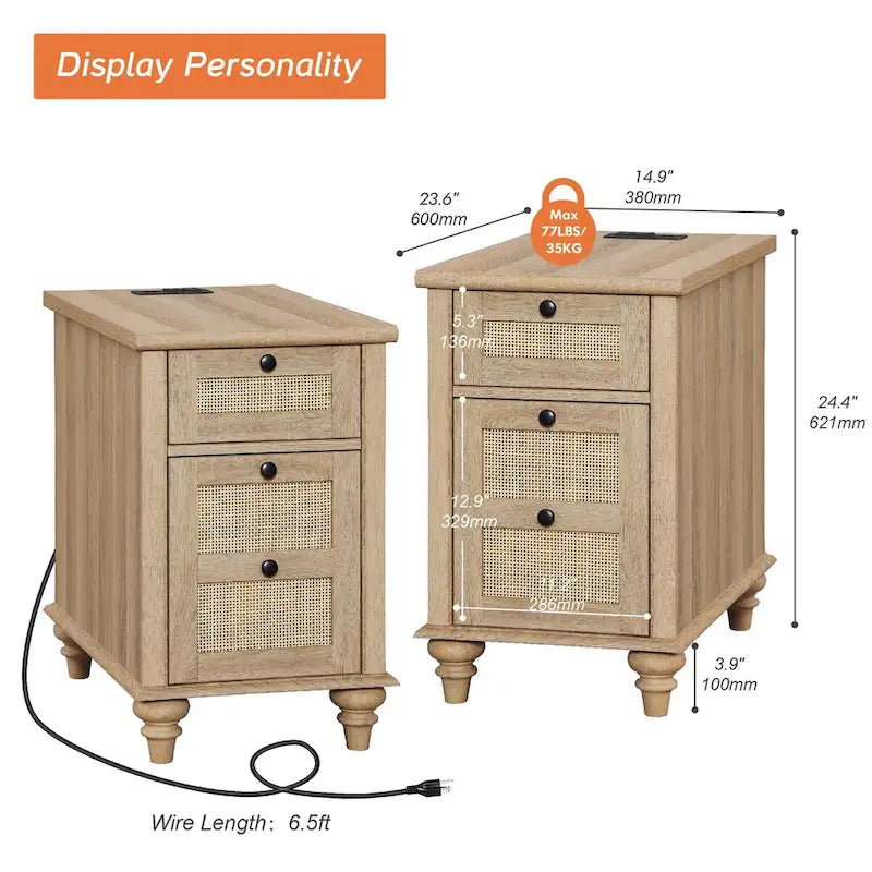 WAMPAT Farmhouse End Table with Charging Station, Wood Sofa Side Table