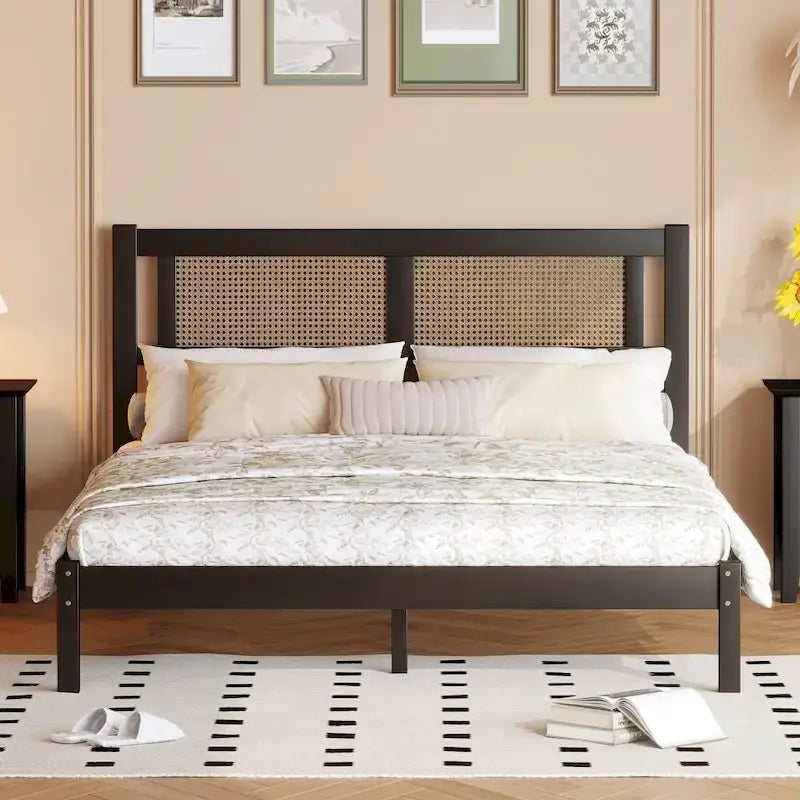 Queen Size Wood Platform Bed with Natural Rattan Headboard,Exquisite Elegance with Minimalist Charm
