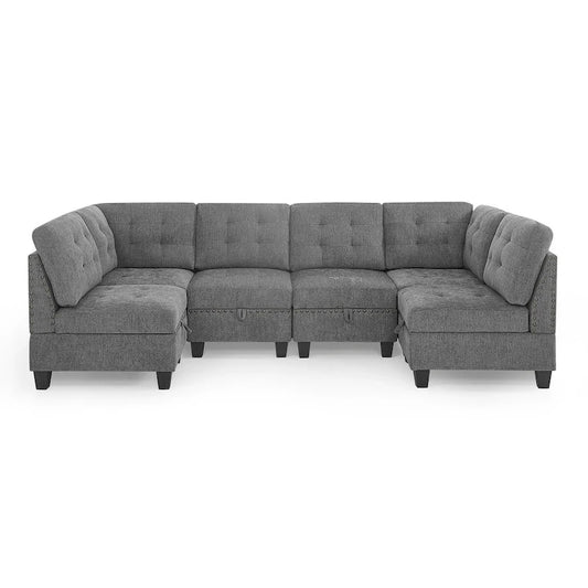 Grey Chenille 6-Piece Modular Sectional Sofa with Hidden Storage