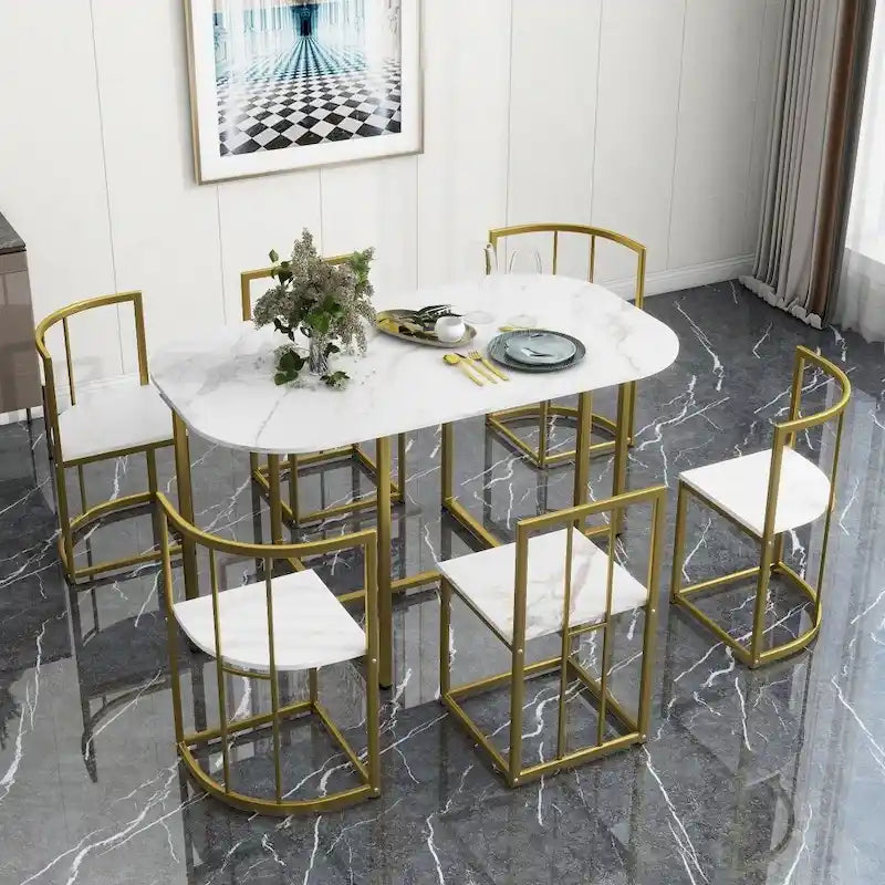 Modern 7-Piece Dining Table Set with Faux Marble Compact