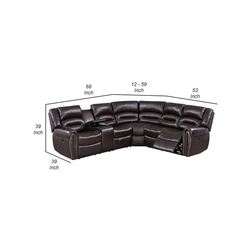 Qox Power Reclining Sectional Sofa Set, USB Port, Bonded Leather, Brown