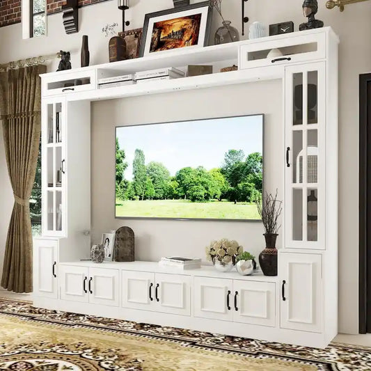 Modern White Entertainment Center Tempered Glass Doors Hydraulic Top
