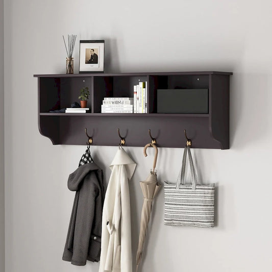 Espresso Entryway Wall Mounted Coat Rack with 4 Dual Hooks Living Room Wooden Storage Shelf