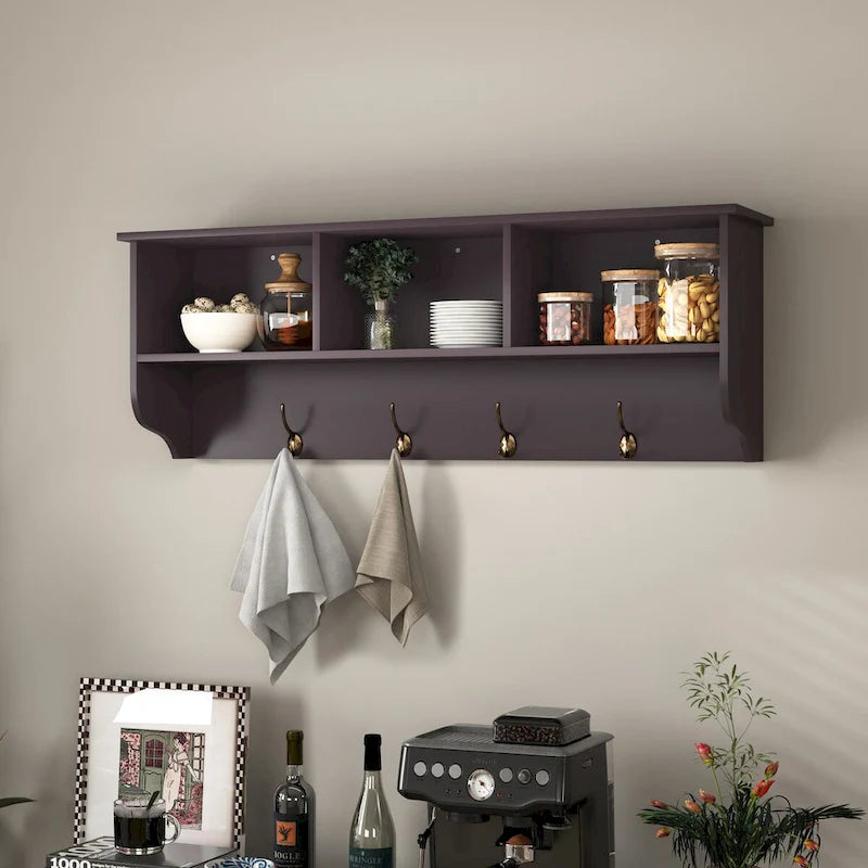 Espresso Entryway Wall Mounted Coat Rack with 4 Dual Hooks Living Room Wooden Storage Shelf