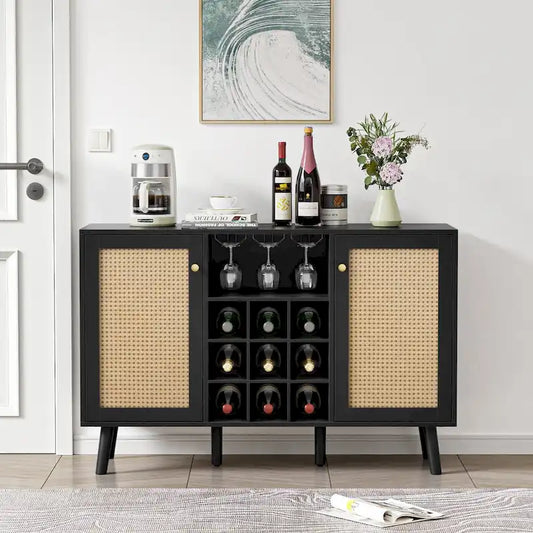 Anmytek Modern 2-Door Black Wood Rattan Kitchen Buffet Sideboard Coffee Bar Cabinet Server Table with Wine Rack