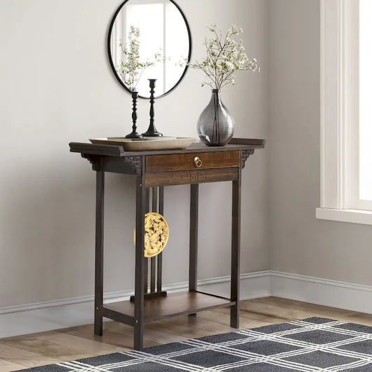 Gold Relief Dragon Totem Brown Console Table Entryway Table with Drawer and Bottom Shelf - 32.09x12.6x32.28