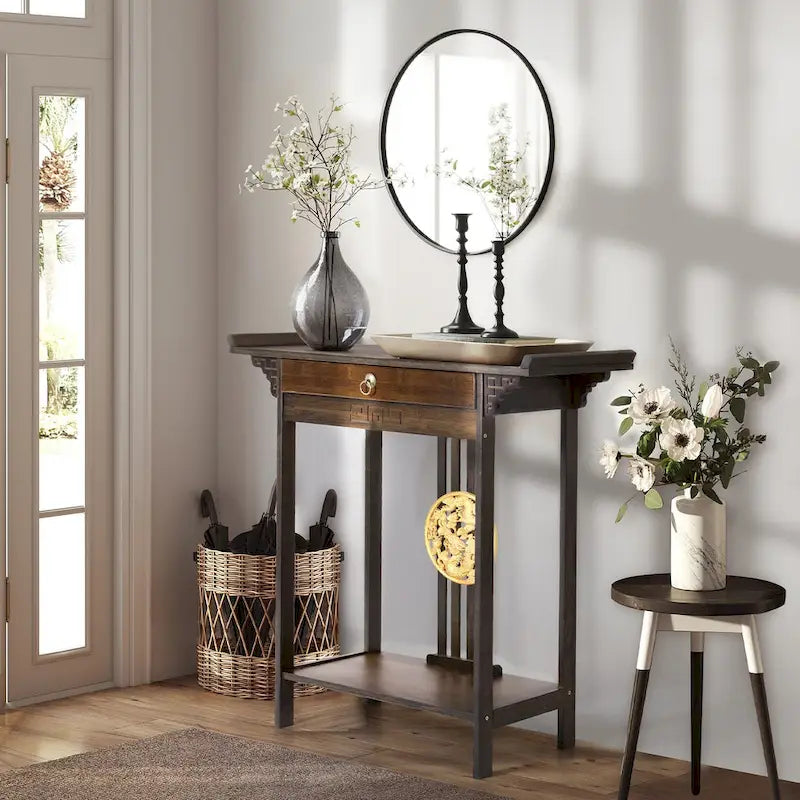 Gold Relief Dragon Totem Brown Console Table Entryway Table with Drawer and Bottom Shelf - 32.09x12.6x32.28