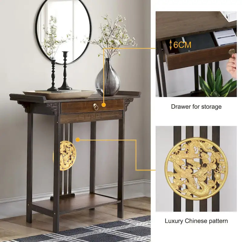 Gold Relief Dragon Totem Brown Console Table Entryway Table with Drawer and Bottom Shelf - 32.09x12.6x32.28