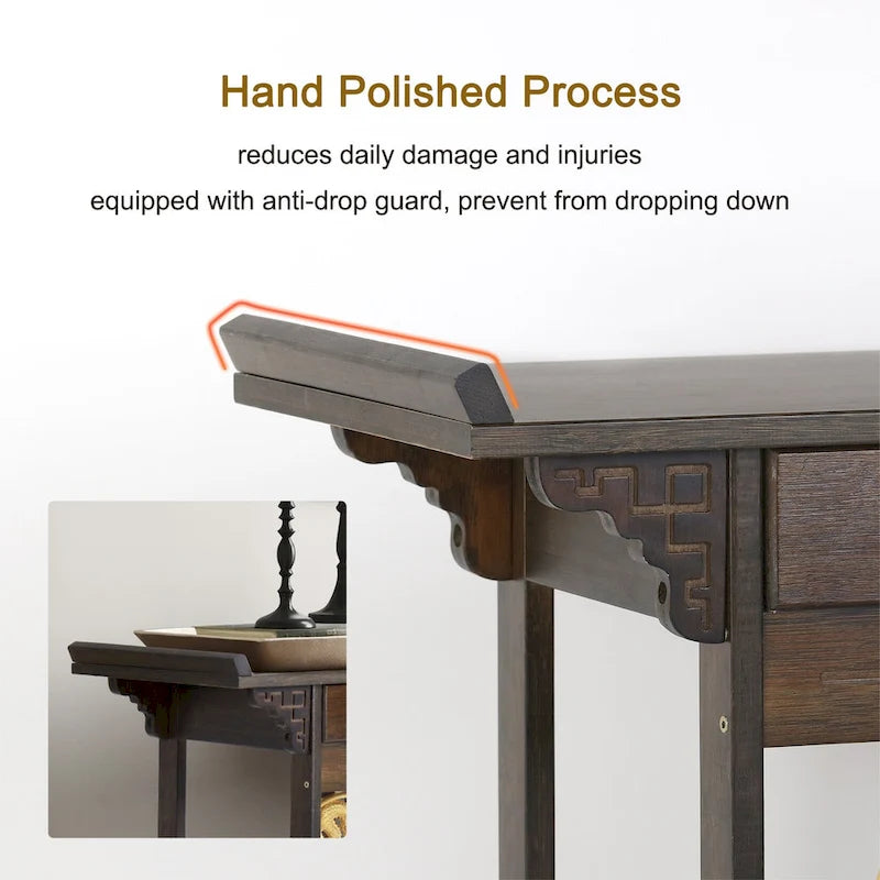 Gold Relief Dragon Totem Brown Console Table Entryway Table with Drawer and Bottom Shelf - 32.09x12.6x32.28