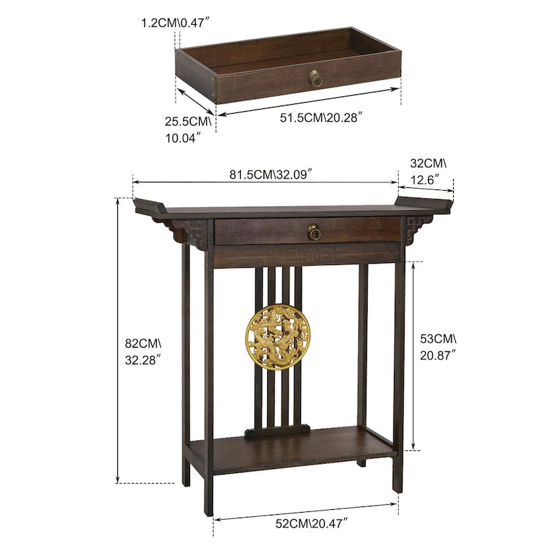 Gold Relief Dragon Totem Brown Console Table Entryway Table with Drawer and Bottom Shelf - 32.09x12.6x32.28