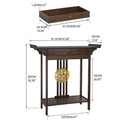 Gold Relief Dragon Totem Brown Console Table Entryway Table with Drawer and Bottom Shelf - 32.09x12.6x32.28