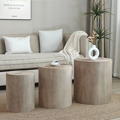 Set of 3 Round Wood Coffee Table with Clear and Visible Tree Rings, Side Table End Table for Living Room Fully Assembled