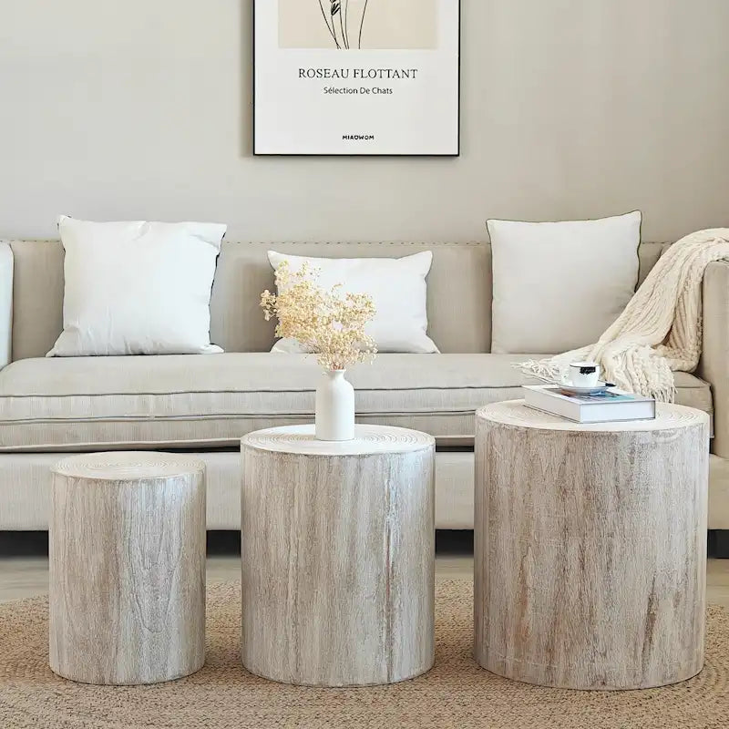 Set of 3 Round Wood Coffee Table with Clear and Visible Tree Rings, Side Table End Table for Living Room Fully Assembled