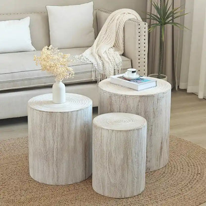 Set of 3 Round Wood Coffee Table with Clear and Visible Tree Rings, Side Table End Table for Living Room Fully Assembled