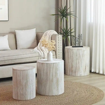 Set of 3 Round Wood Coffee Table with Clear and Visible Tree Rings, Side Table End Table for Living Room Fully Assembled