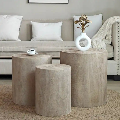 Set of 3 Round Wood Coffee Table with Clear and Visible Tree Rings, Side Table End Table for Living Room Fully Assembled