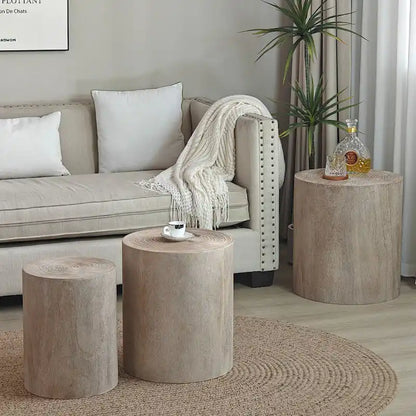 Set of 3 Round Wood Coffee Table with Clear and Visible Tree Rings, Side Table End Table for Living Room Fully Assembled