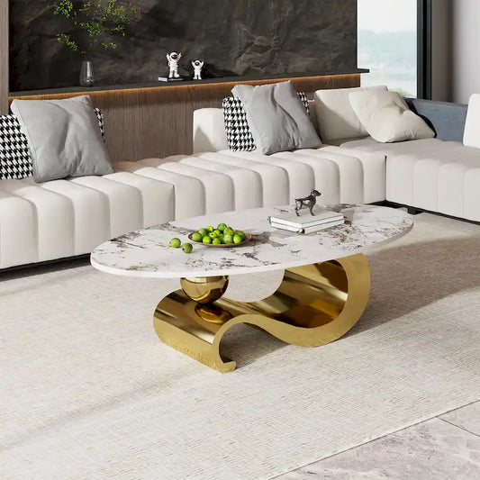 51 Oval Coffee Table with Glossy Sintered Stone Table top, Modern Coffee Table with Gold Stainless Steel