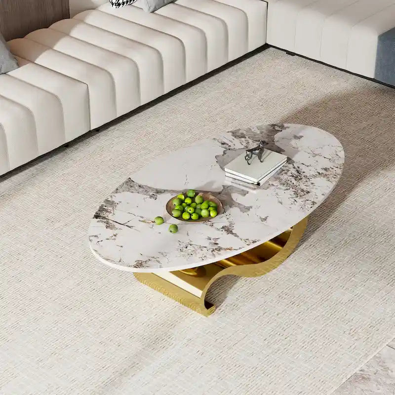 51 Oval Coffee Table with Glossy Sintered Stone Table top, Modern Coffee Table with Gold Stainless Steel