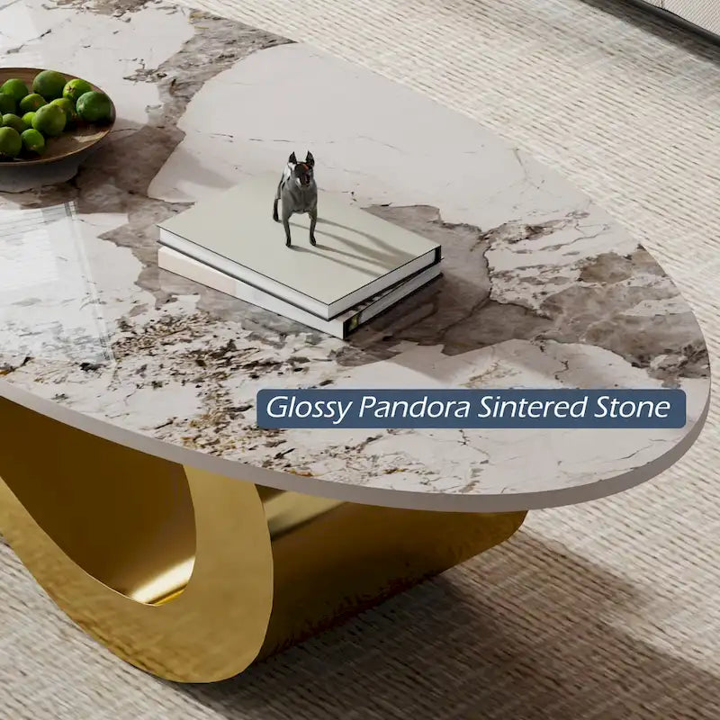 51 Oval Coffee Table with Glossy Sintered Stone Table top, Modern Coffee Table with Gold Stainless Steel