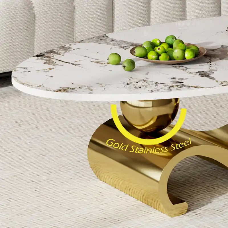 51 Oval Coffee Table with Glossy Sintered Stone Table top, Modern Coffee Table with Gold Stainless Steel