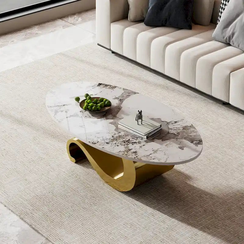51 Oval Coffee Table with Glossy Sintered Stone Table top, Modern Coffee Table with Gold Stainless Steel