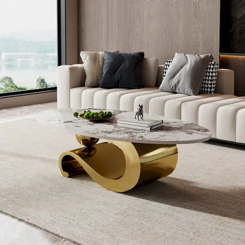 51 Oval Coffee Table with Glossy Sintered Stone Table top, Modern Coffee Table with Gold Stainless Steel