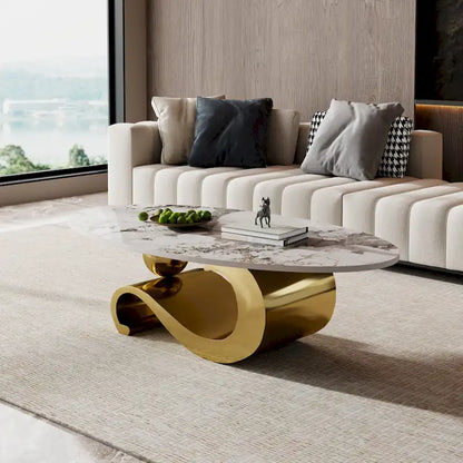 51 Oval Coffee Table with Glossy Sintered Stone Table top, Modern Coffee Table with Gold Stainless Steel