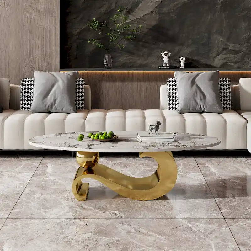 51 Oval Coffee Table with Glossy Sintered Stone Table top, Modern Coffee Table with Gold Stainless Steel