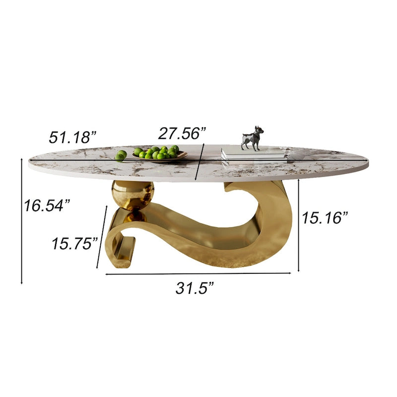 51 Oval Coffee Table with Glossy Sintered Stone Table top, Modern Coffee Table with Gold Stainless Steel