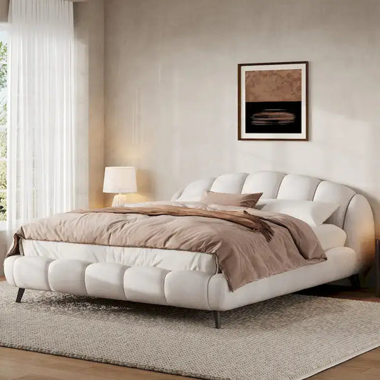 Christopher Knight Home - Alexander King Upholstered Platform Bed with Shell-Shape Headboard and Solid Wood Frame