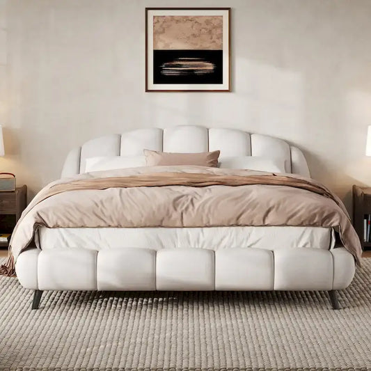Christopher Knight Home - Alexander King Upholstered Platform Bed with Shell-Shape Headboard and Solid Wood Frame