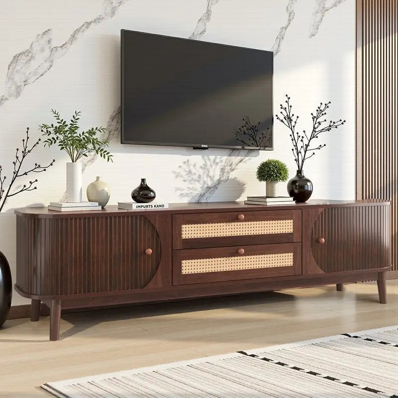 Rattan TV Stand for TVs Up to 75, Media Console Entertainment Center with Solid Wood Legs