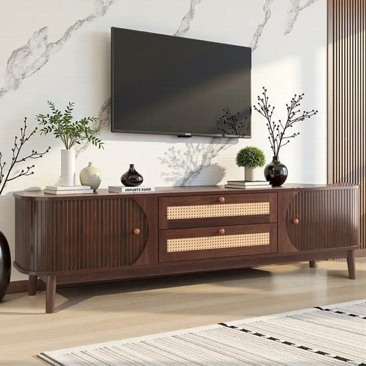 Rattan TV Stand for TVs Up to 75, Media Console Entertainment Center with Solid Wood Legs