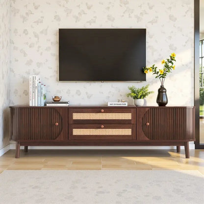 Rattan TV Stand for TVs Up to 75, Media Console Entertainment Center with Solid Wood Legs