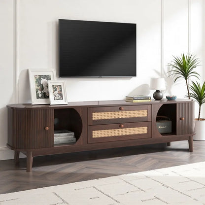 Rattan TV Stand for TVs Up to 75, Media Console Entertainment Center with Solid Wood Legs